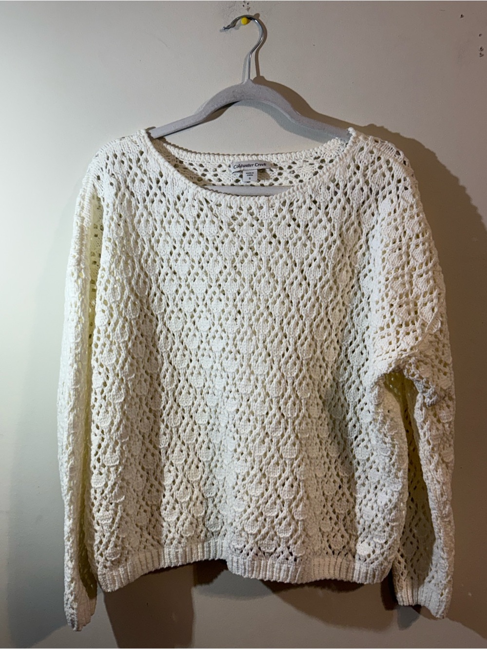Coldwater Creek sweater women’s small cream open crochet knit lace crewneck